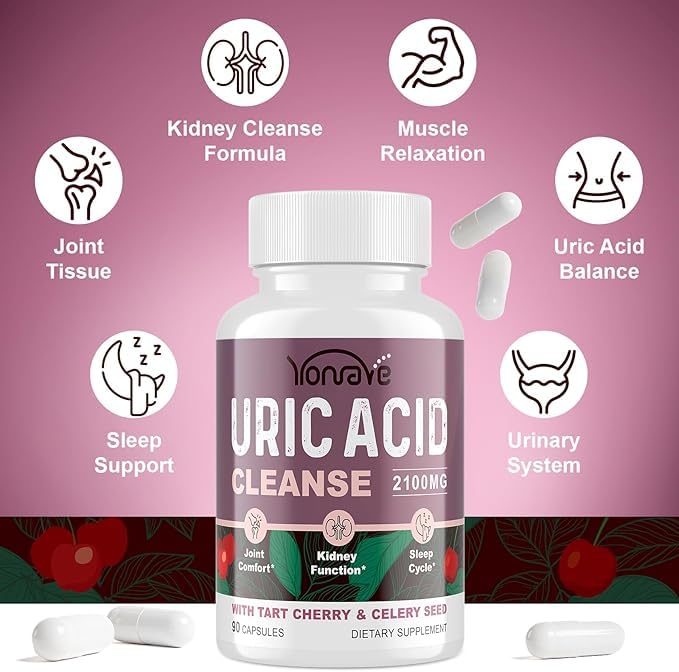 Capsules close-up of Tart Cherry and Celery Seed Uric Acid supplement