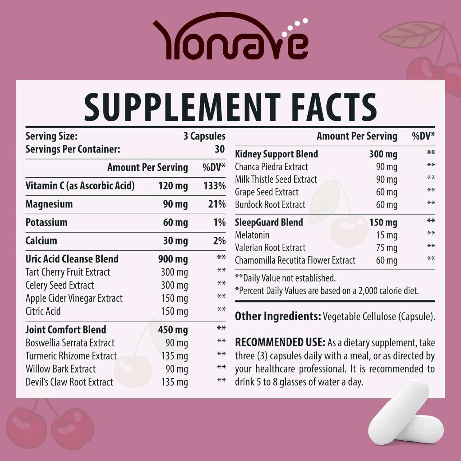 Label showing 90 veggie capsules for Yonrave Uric Acid Cleanse