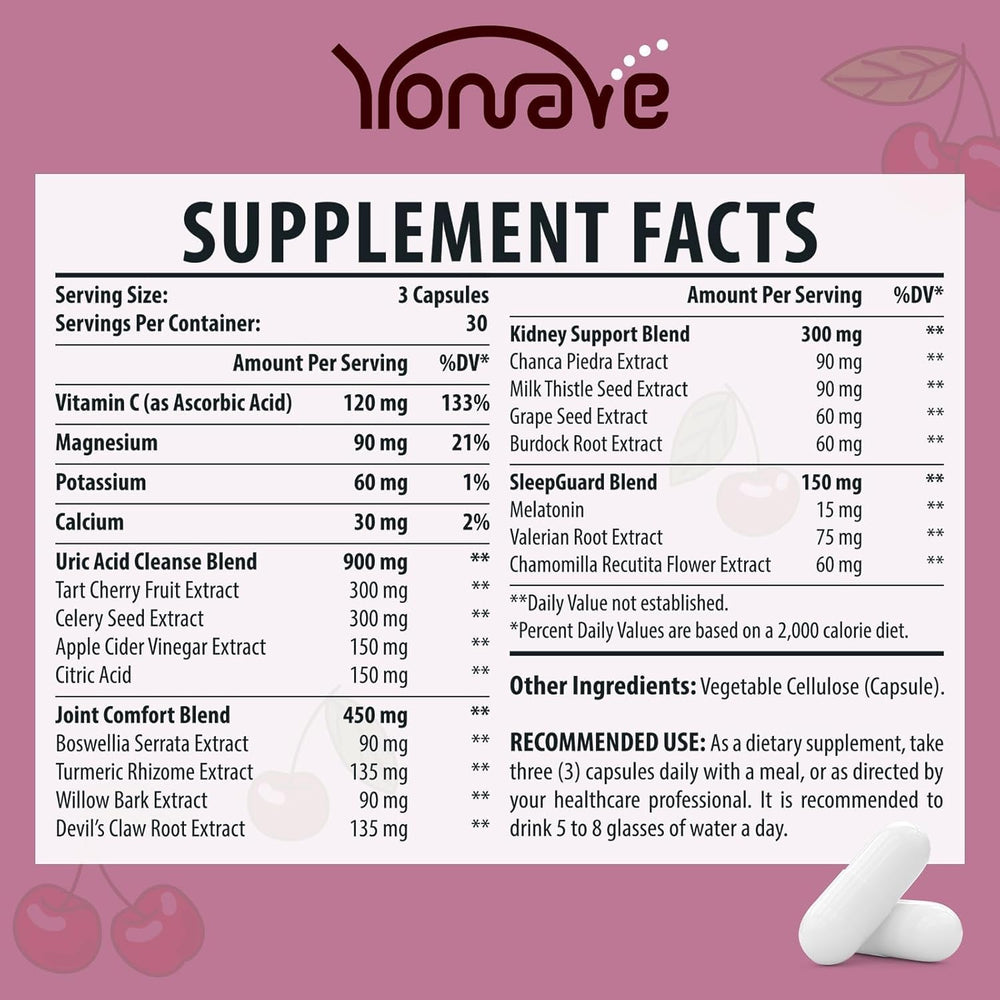 Label showing 90 veggie capsules for Yonrave Uric Acid Cleanse