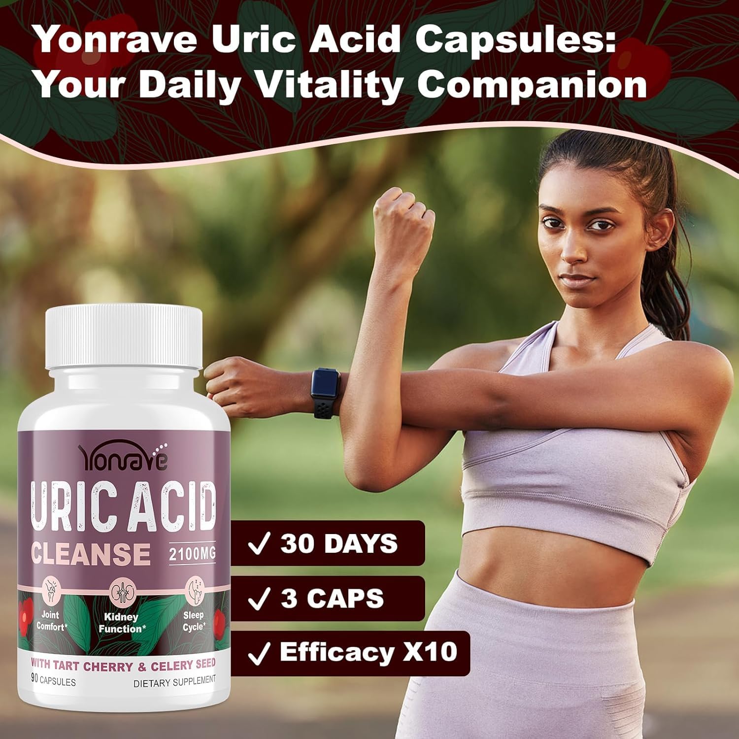 Close-up of Yonrave Tart Cherry and Celery Seed Uric Acid capsules with label