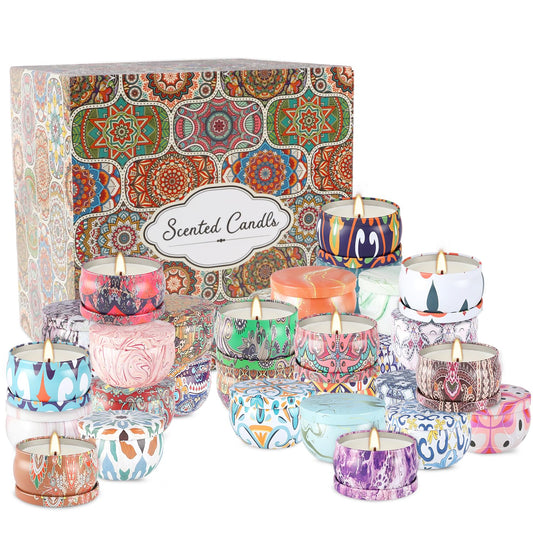 YOROXRG 36-pack multicolored scented candles in brown travel tin jars, assorted fragrances