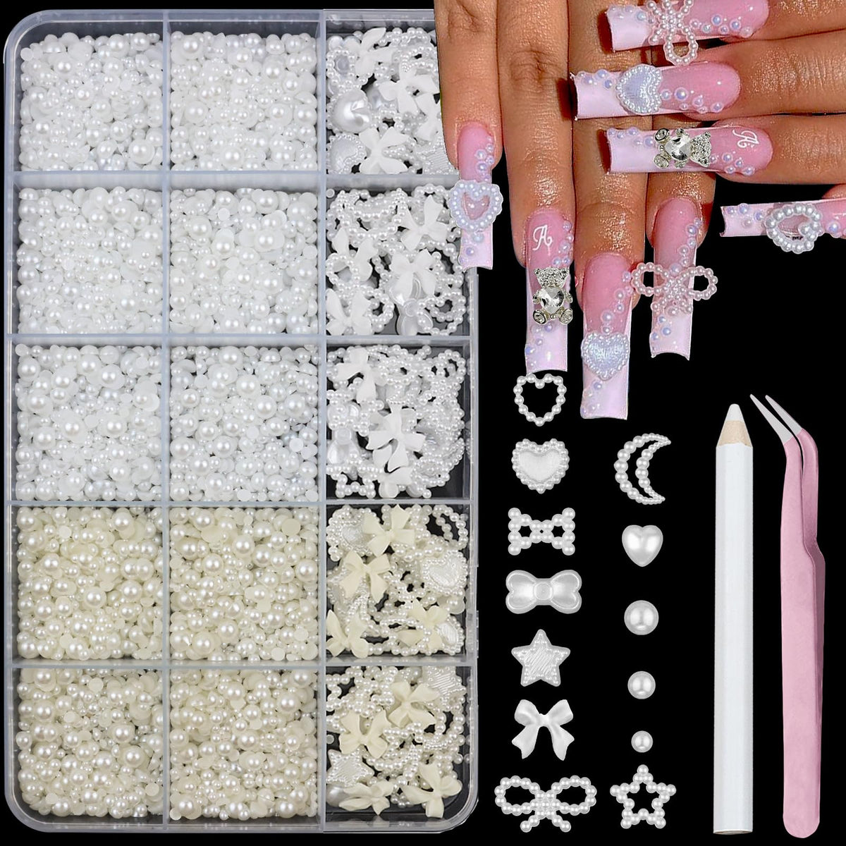 YOSOMMK nail charms: white cream flatback pearls for elegant nails