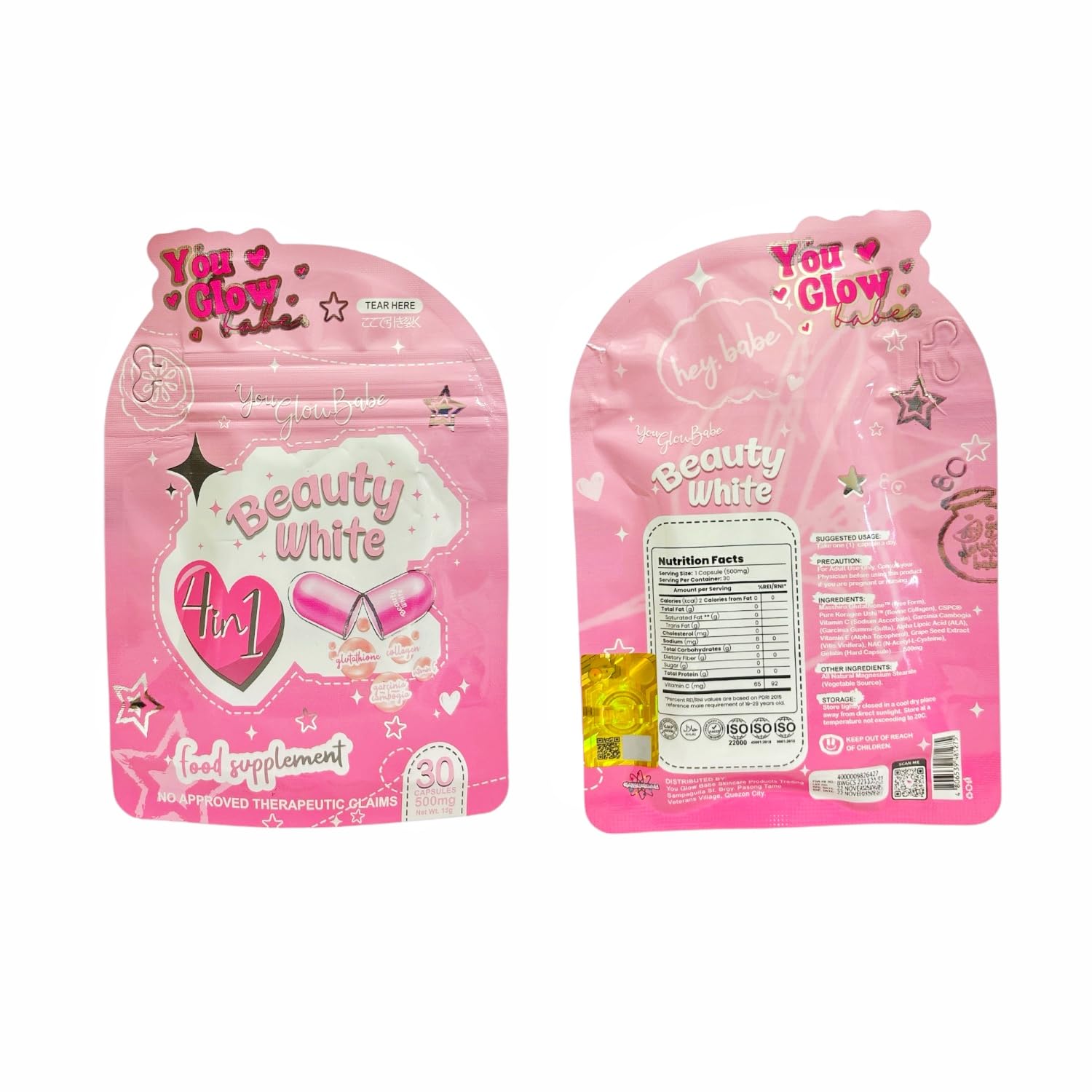 Supplement facts label for Beauty White 4 in 1 Glutathione Capsules