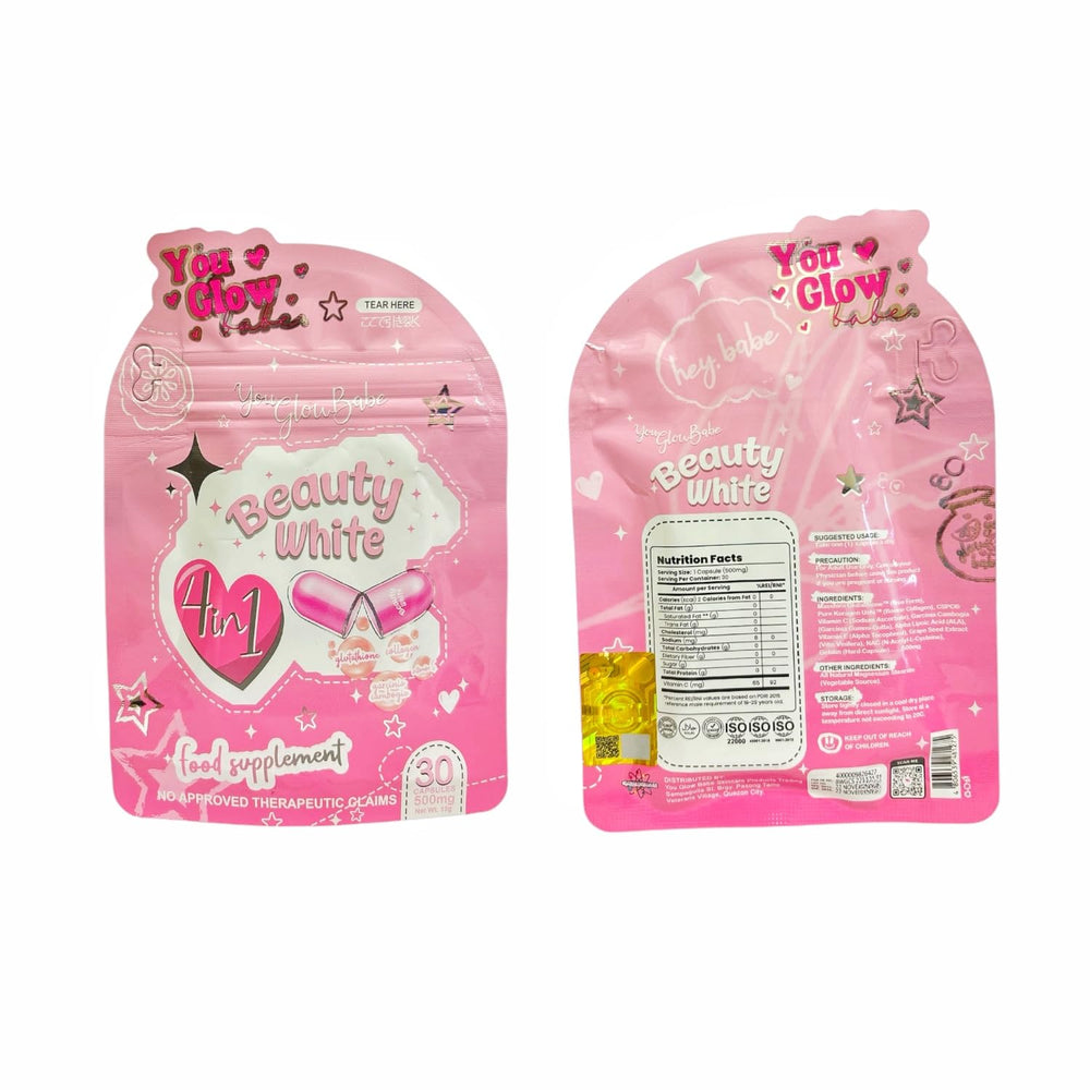 Supplement facts label for Beauty White 4 in 1 Glutathione Capsules