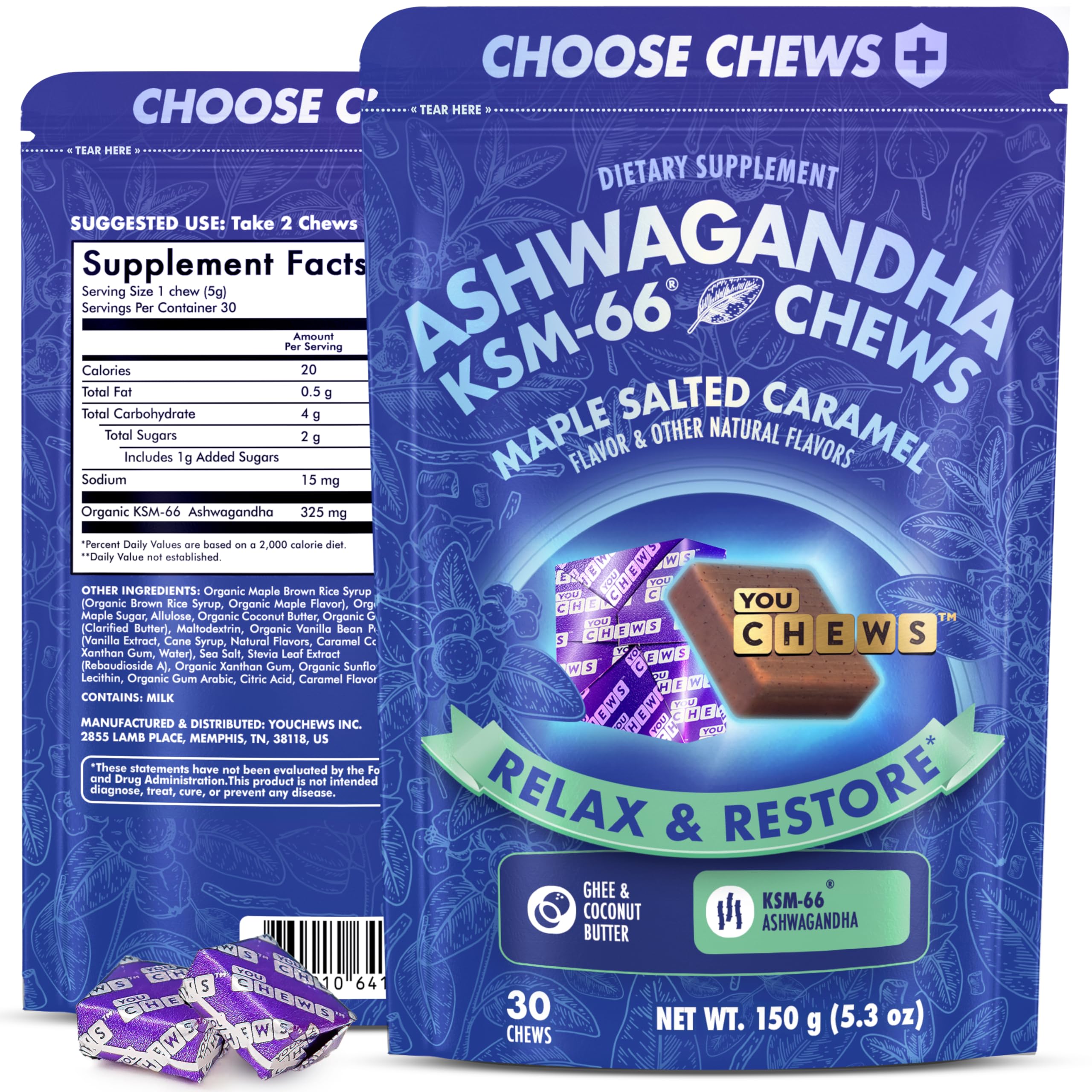 Close-up of YouChews Ashwagandha KSM-66 chew texture for mood support