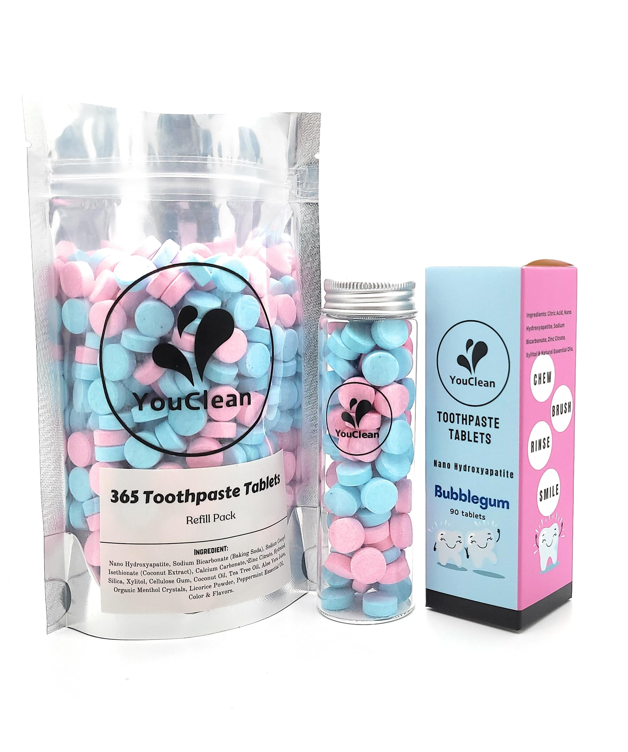 Recyclable glass jar packaging for YouClean toothpaste tablets