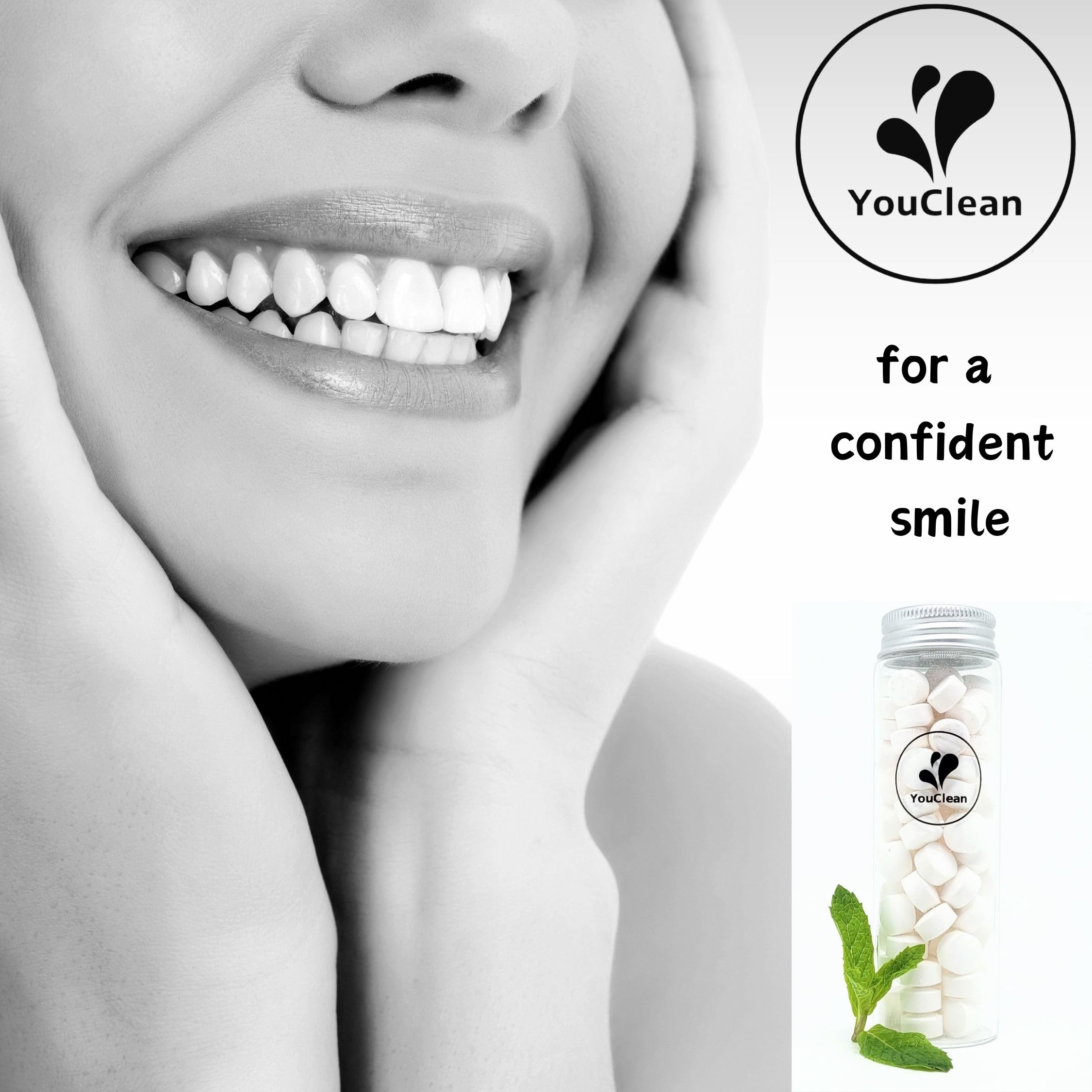 Fluoride-free label on YouClean toothpaste tablets packaging