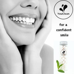 Fluoride-free label on YouClean toothpaste tablets packaging