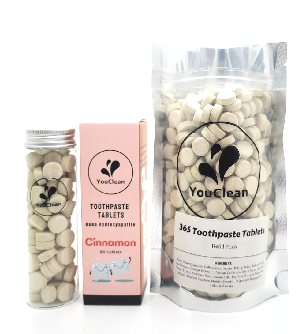 Glass travel jar containing 90 YouClean toothpaste tablets