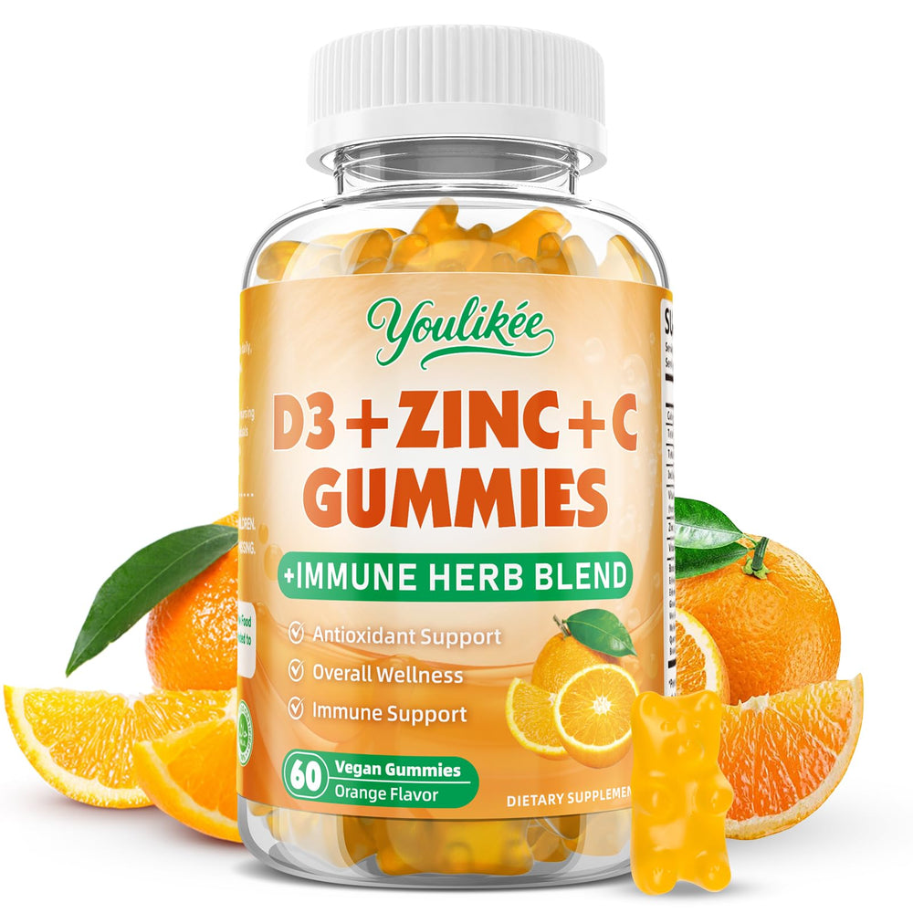 Front view of Youlikee Vitamin C + D3 + Zinc Gummies bottle - 60 count