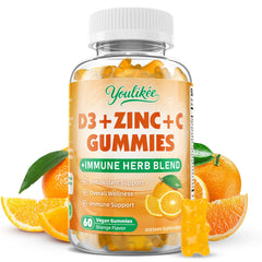 Front view of Youlikee Vitamin C + D3 + Zinc Gummies bottle - 60 count