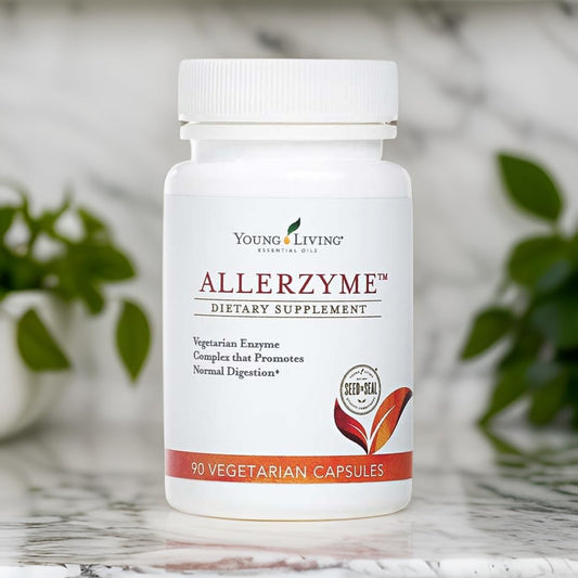 Close-up of Allerzyme label highlighting vegetarian formula with Tarragon and Ginger