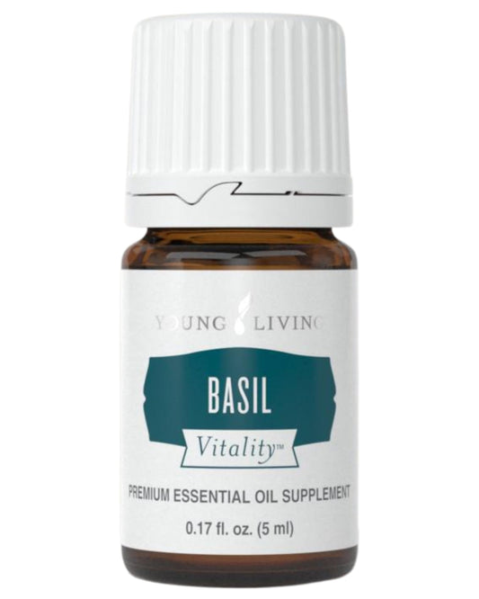 Young Living Basil Vitality 5ml bottle for culinary flavor and antioxidant support.