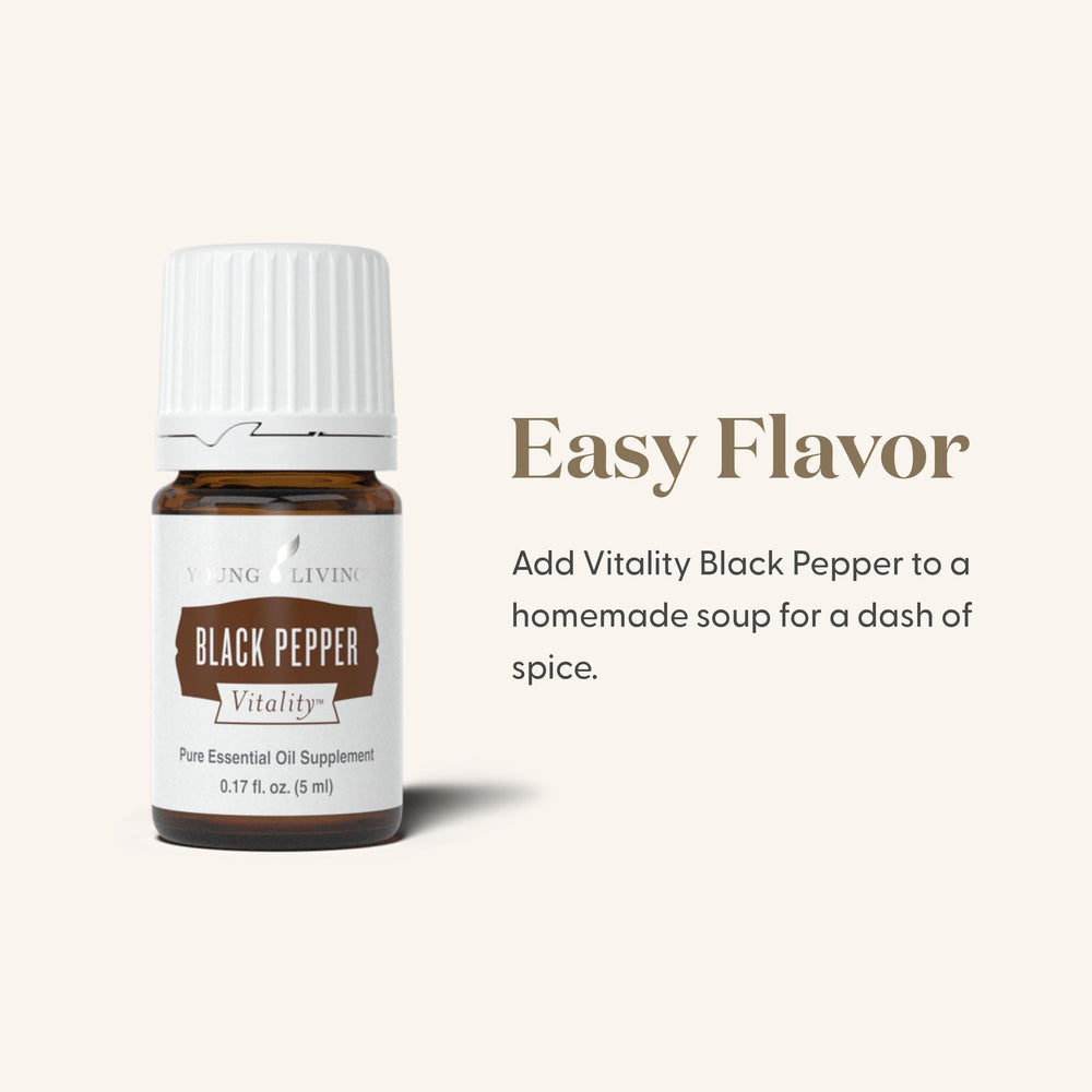 Close-up of Young Living Black Pepper Vitality label emphasizing authenticity and quality