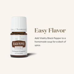 Close-up of Young Living Black Pepper Vitality label emphasizing authenticity and quality