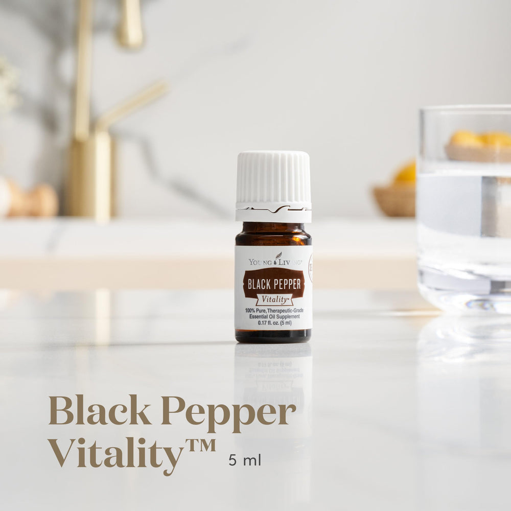 Pour of Young Living Black Pepper Vitality showing peppery aroma for seasoning
