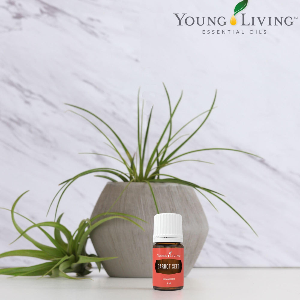 Young Living Carrot Seed Oil label closeup highlights 100% pure Carrot Seed Oil.