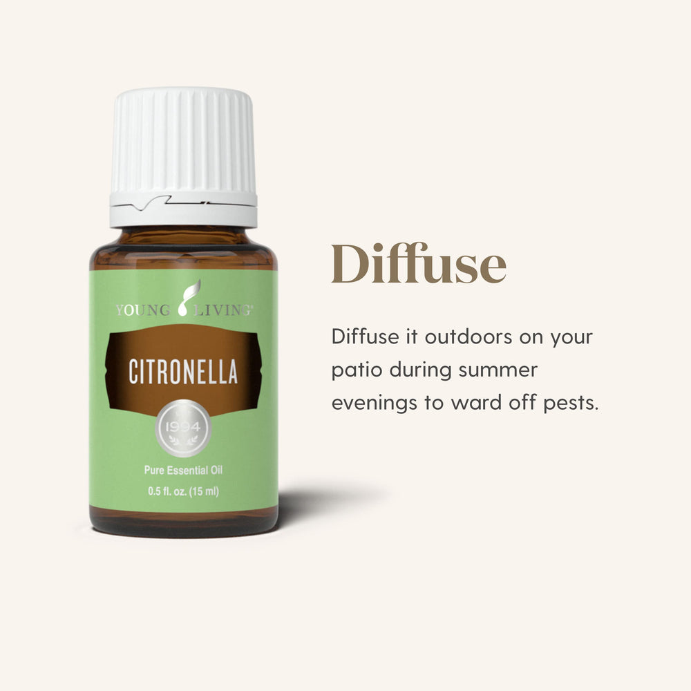 Young Living Citronella bottle on a patio for easy outdoor application.