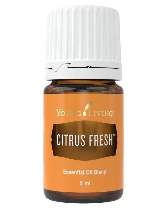 Bottle of Young Living Citrus Fresh 5ml essential oil with citrus fruits