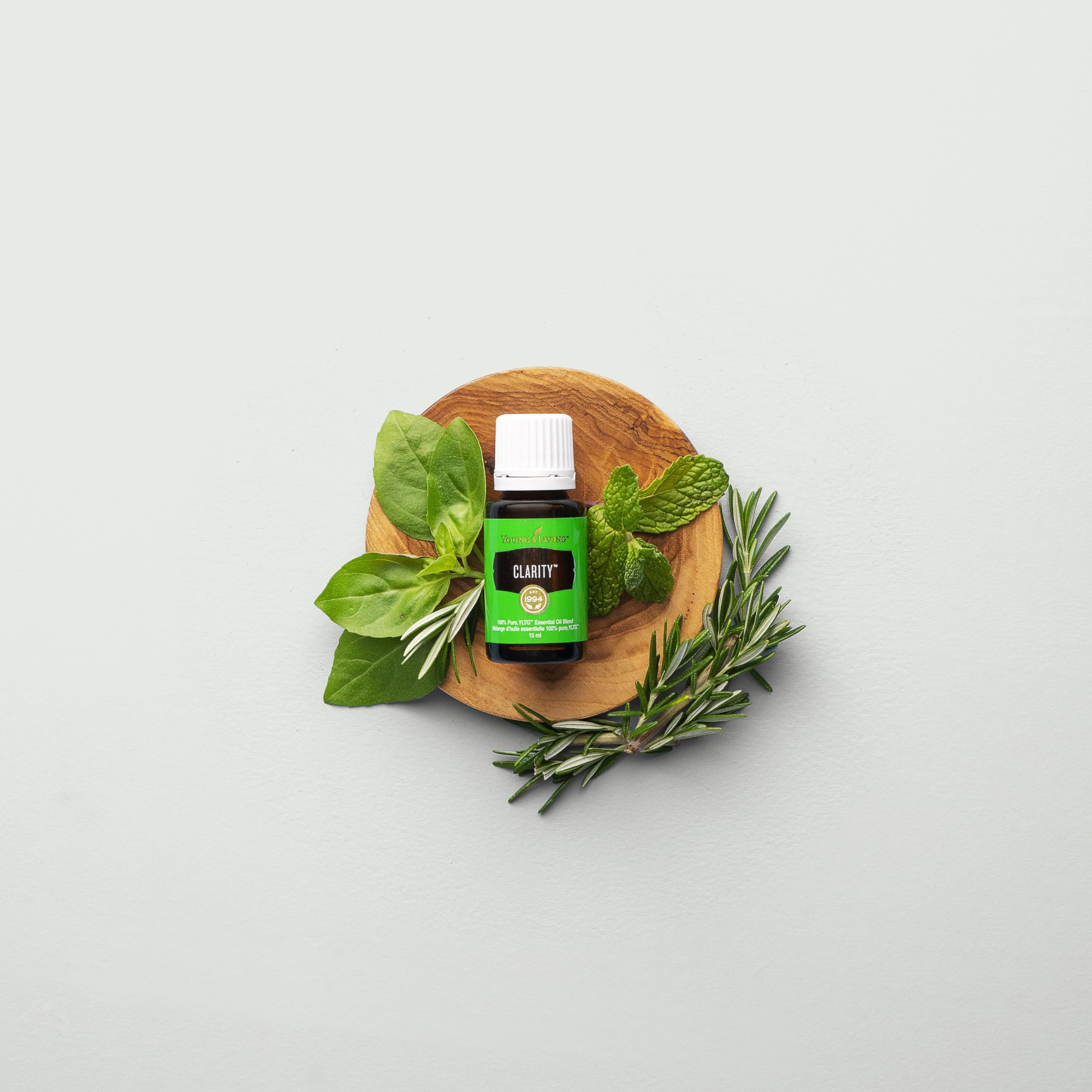 Young Living Clarity organic therapeutic-grade oils in display