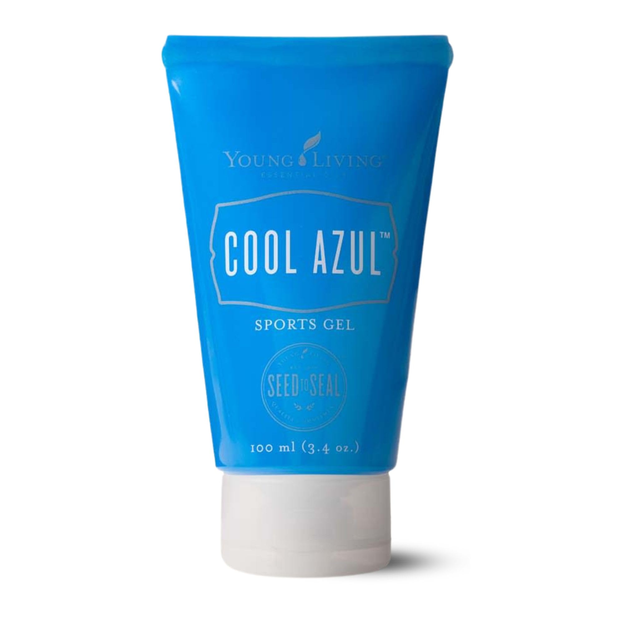 Young Living Cool Azul Sports Gel 3.4 oz bottle with aloe-based, non-sticky formula for post-exercise muscle care.