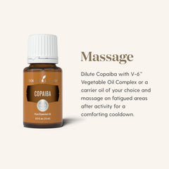 Young Living Copaiba Essential Oil applied to tense shoulders suggesting gentle muscle relief.