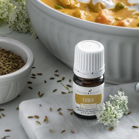 Close-up of Young Living Cumin Vitality label highlighting quality and purity.
