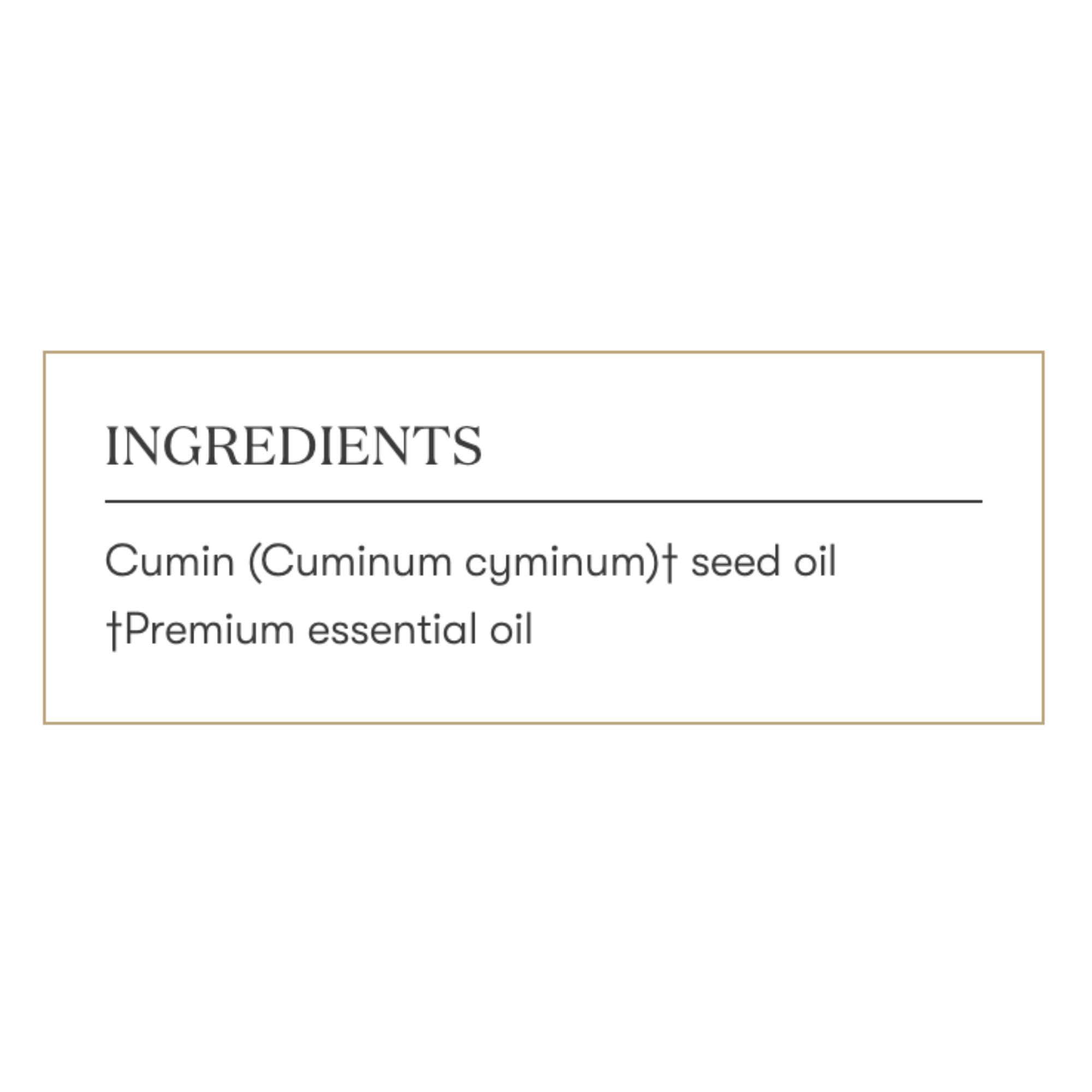 Young Living Cumin Vitality 5 ml bottle beside herbs on a recipe card.