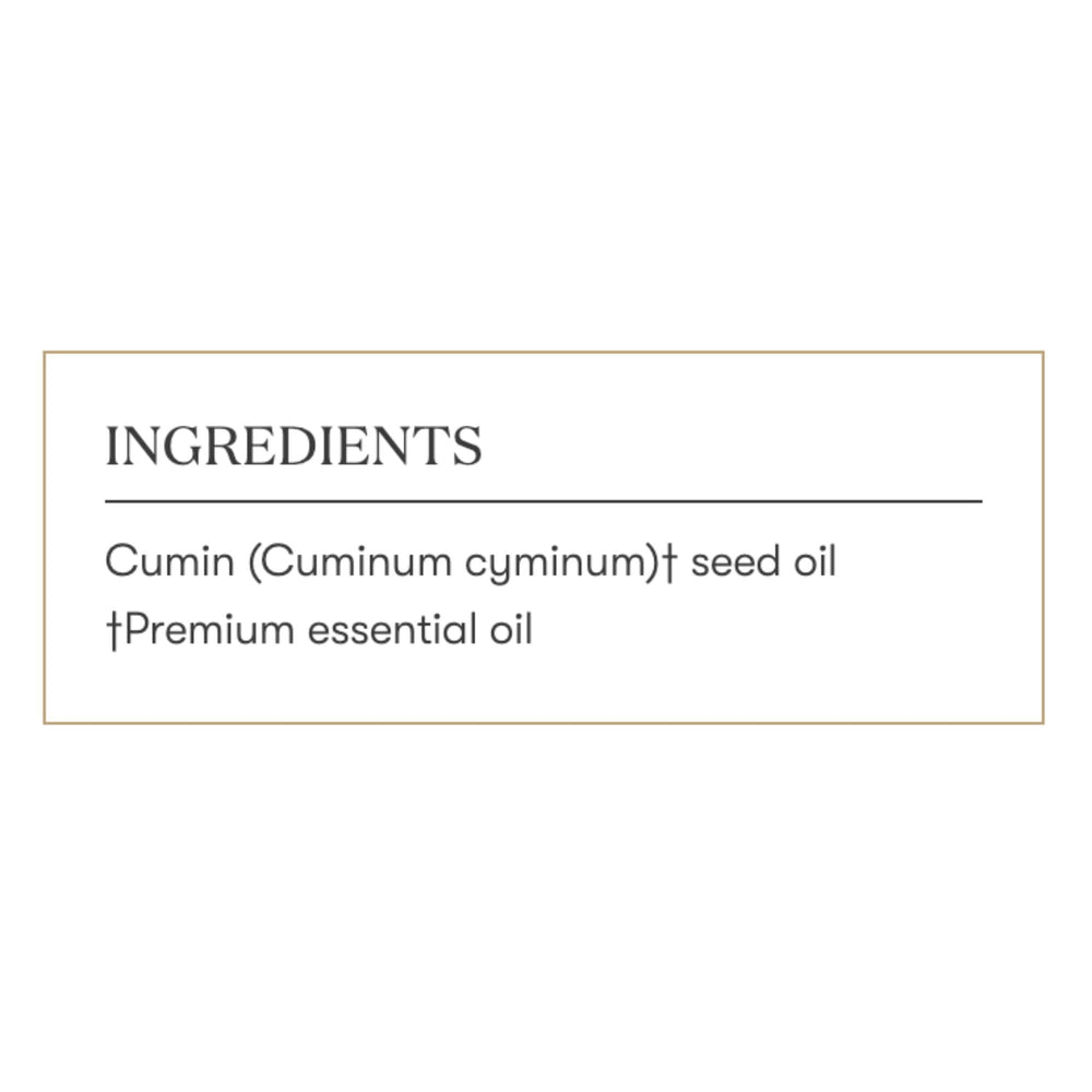 Young Living Cumin Vitality 5 ml bottle beside herbs on a recipe card.
