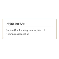 Young Living Cumin Vitality 5 ml bottle beside herbs on a recipe card.