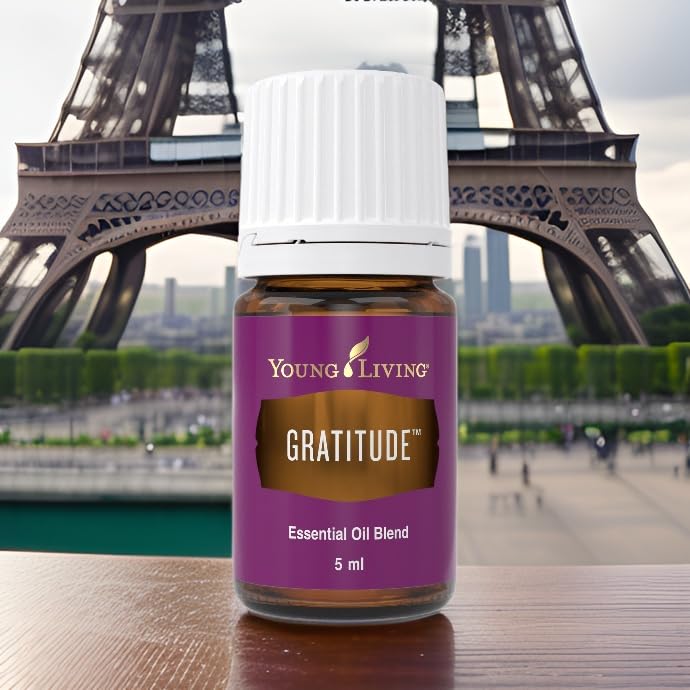 Young Living Gratitude label close-up highlights pure essential oil.