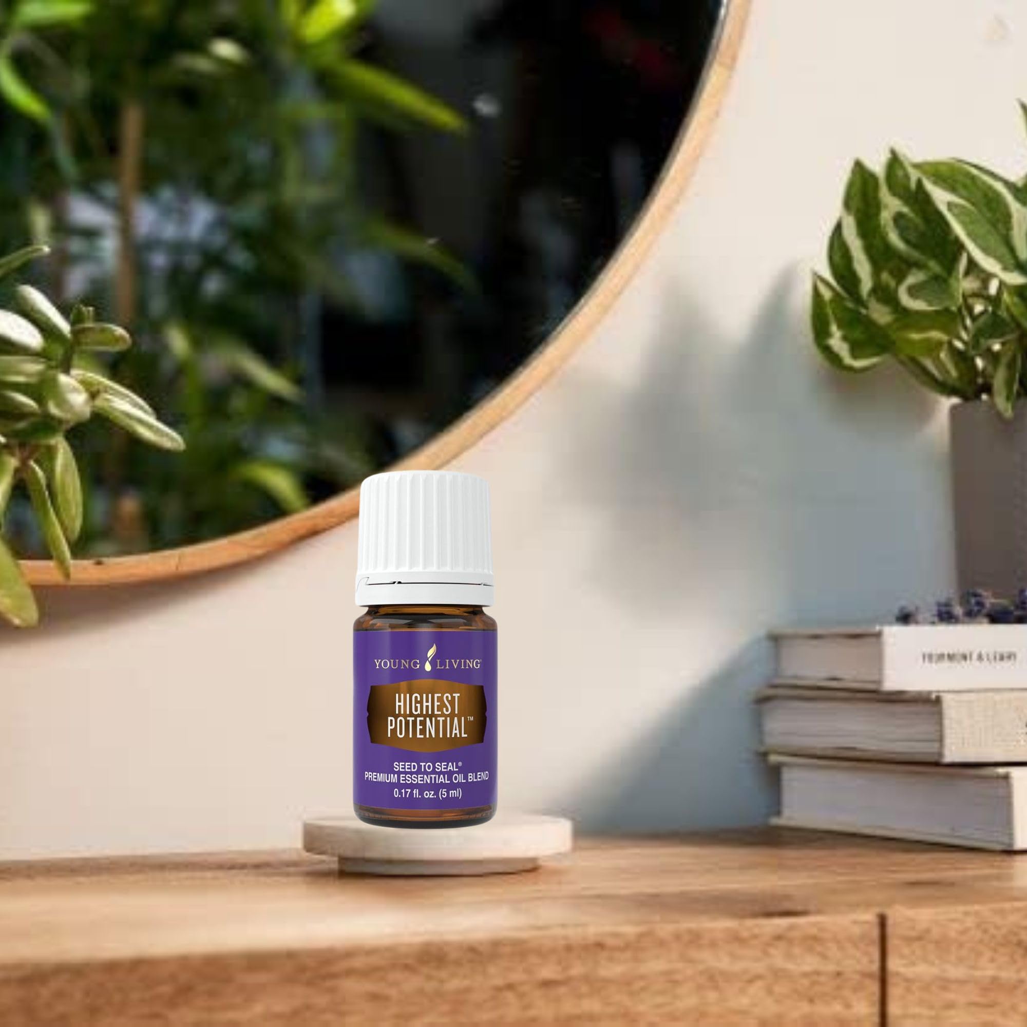 Calm mood scene featuring Young Living Highest Potential oil for mindful breathing.
