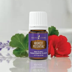 Closeup of the Young Living Highest Potential oil label highlighting purity and blend.