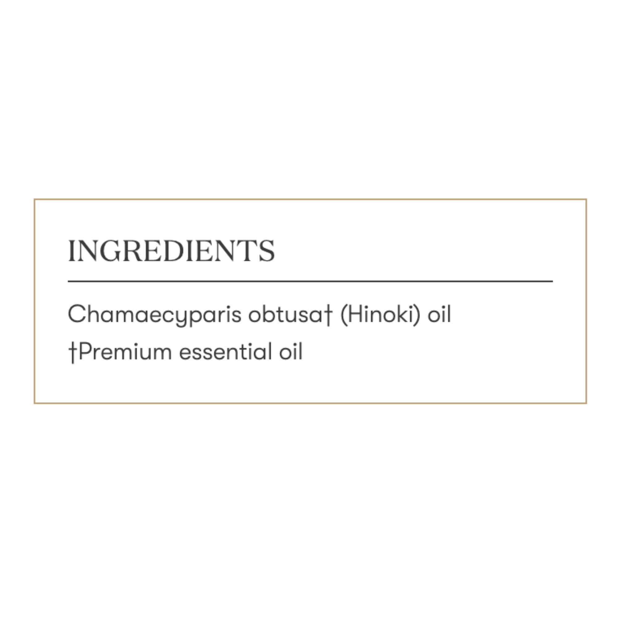 Young Living Hinoki bottle label closeup highlighting natural ingredients.