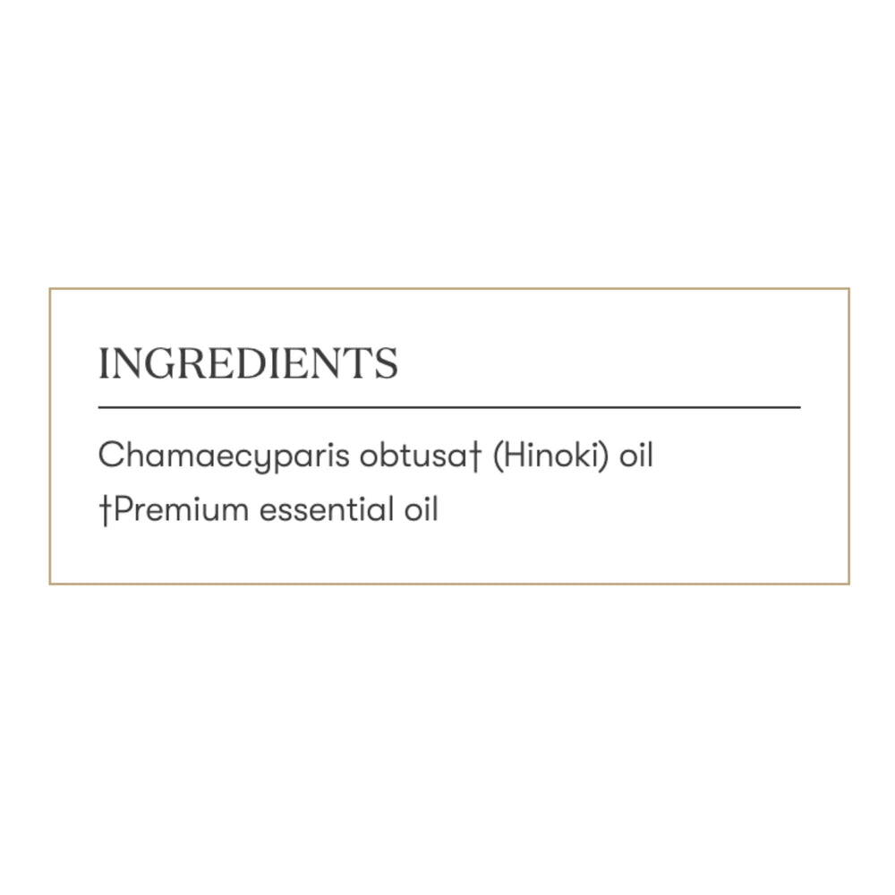 Young Living Hinoki bottle label closeup highlighting natural ingredients.