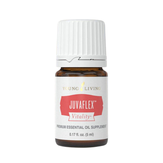 Young Living JuvaFlex Vitality bottle demonstrates digestive-support supplement for daily gut health.