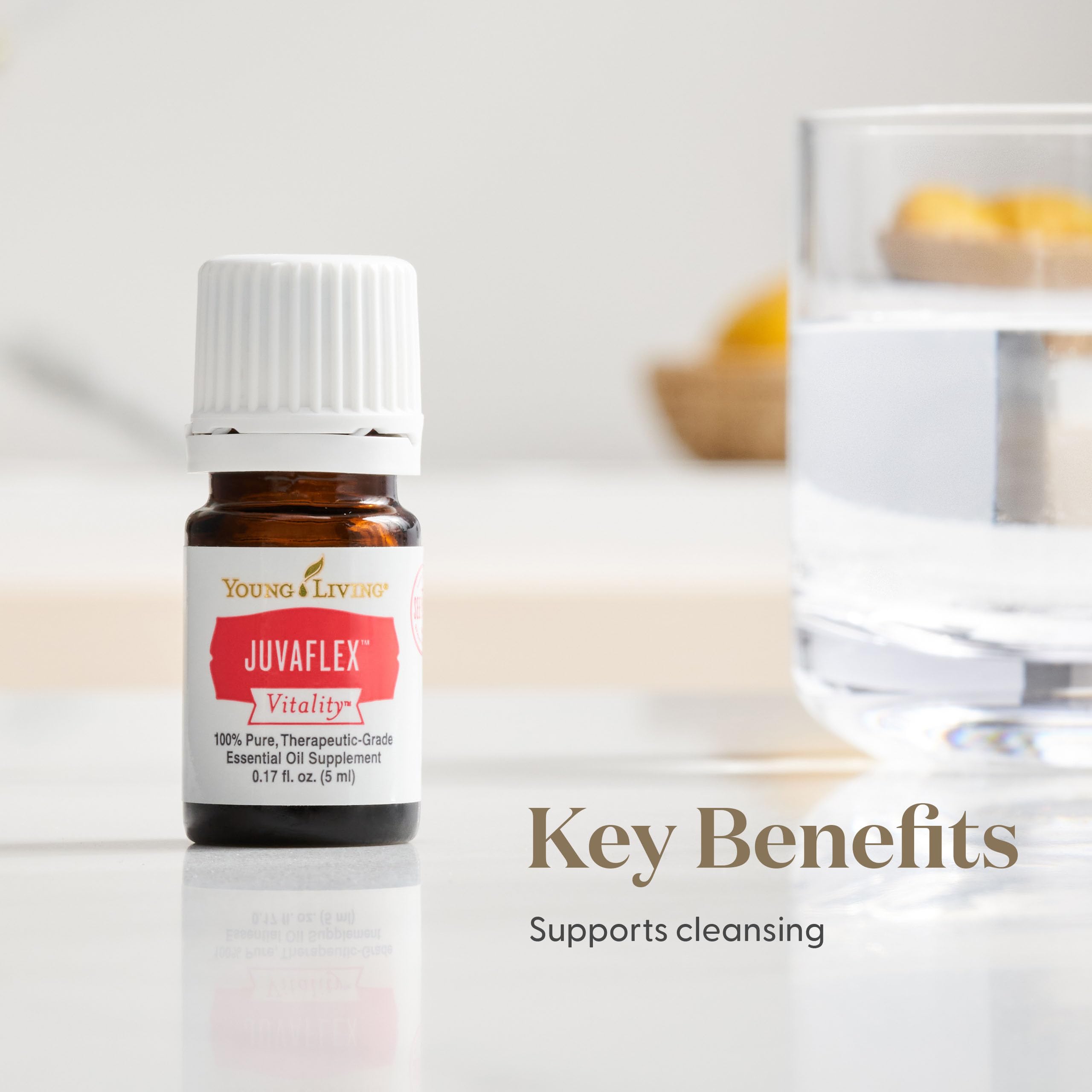 Young Living JuvaFlex Vitality ingredients display natural blends designed for balanced wellness.