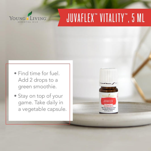 Young Living JuvaFlex Vitality pour highlights easy incorporation into beverages for wellness rituals.