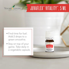 Young Living JuvaFlex Vitality pour highlights easy incorporation into beverages for wellness rituals.