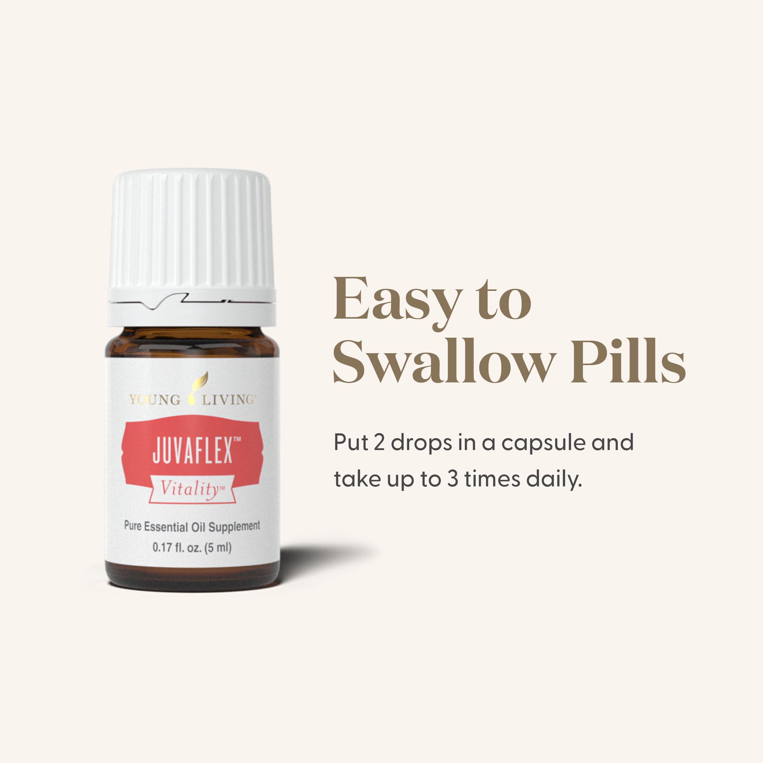 Young Living JuvaFlex Vitality bottle with glass and herbs signals gentle, effective wellness support.