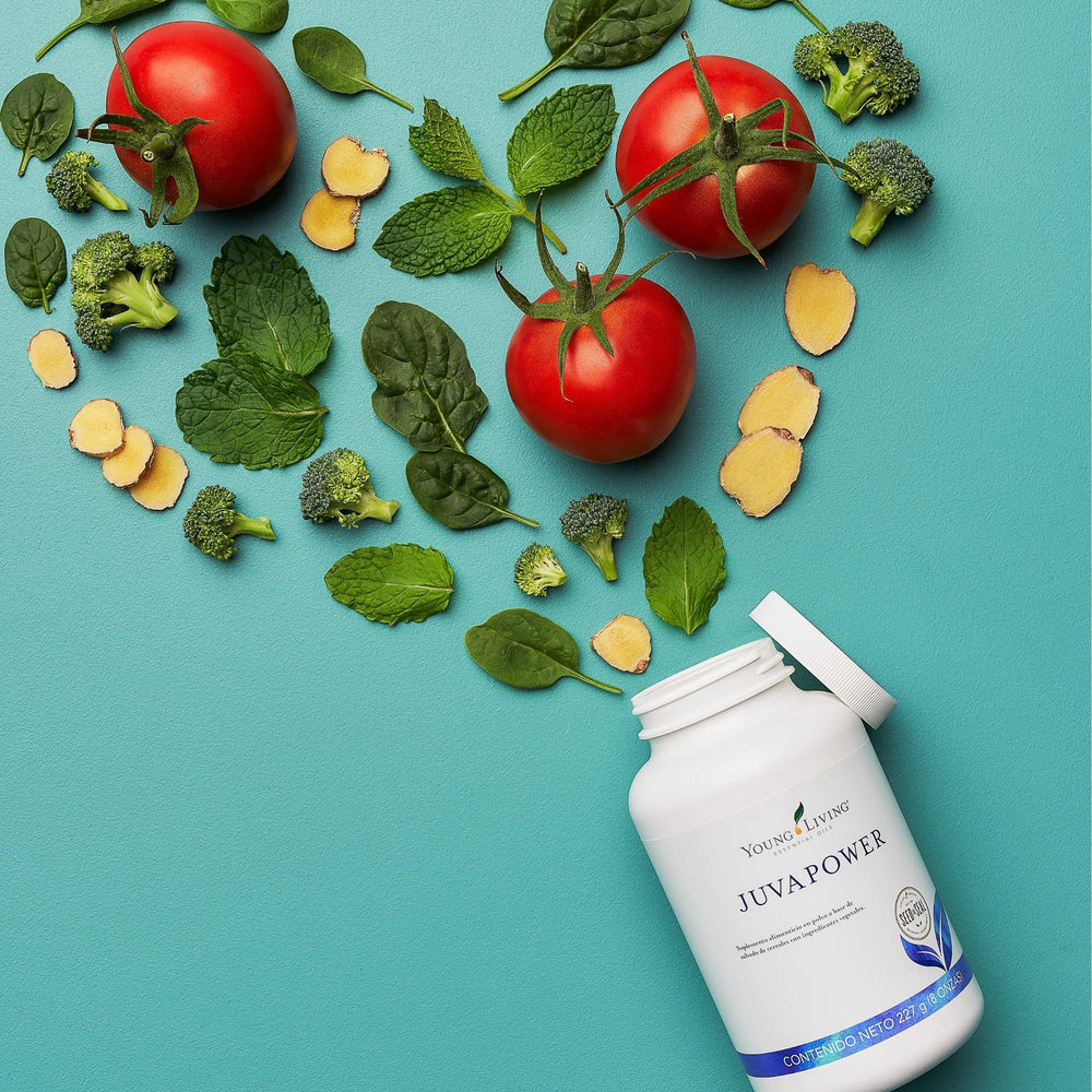 Young Living JuvaPower bottle label close-up highlighting premium essential oils.