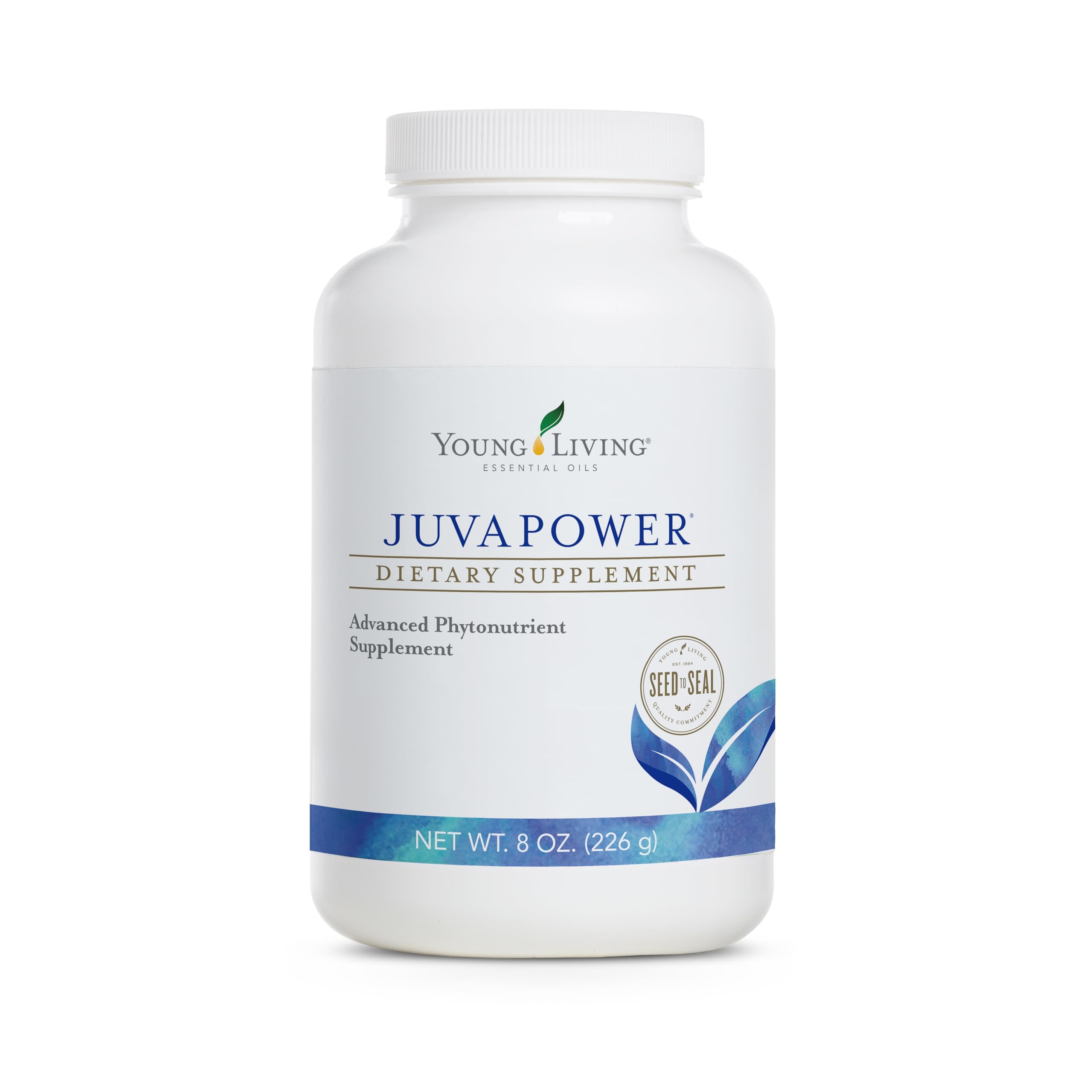 Young Living JuvaPower bottle side view for daily detox support with antioxidant blend.