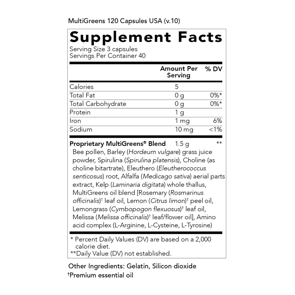 Young Living MultiGreens with Melissa oil ingredient suggesting calming aroma and balance.