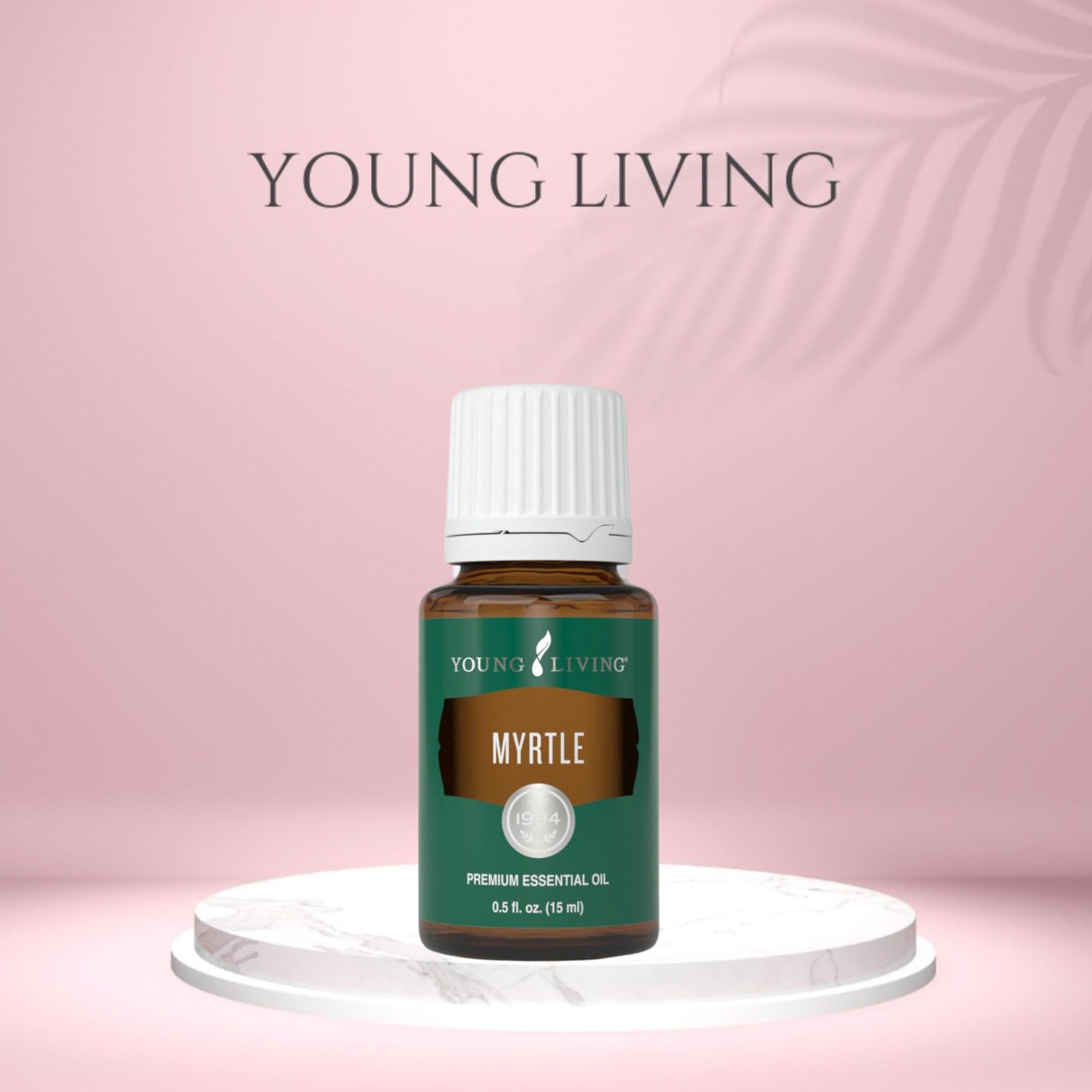 Closeup of Young Living Myrtle Oil label showing pure ingredients.