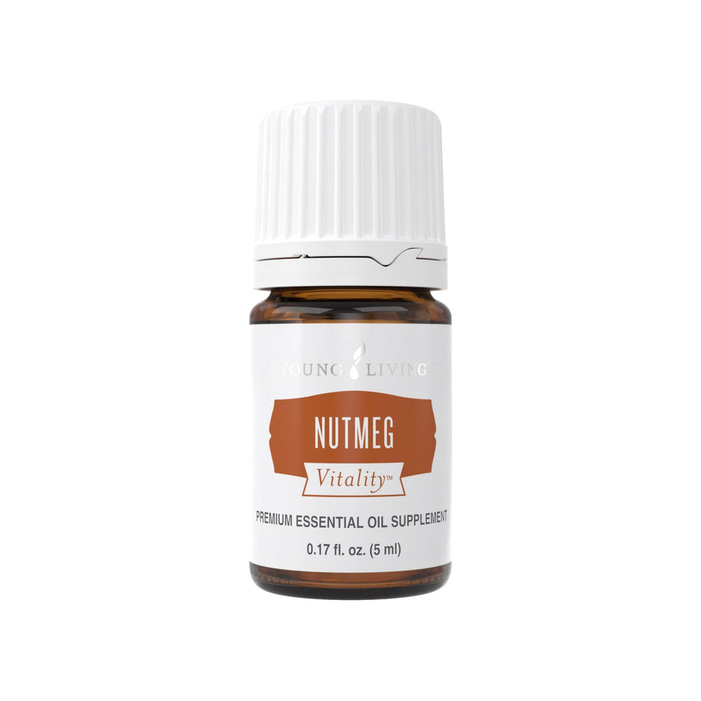 Young Living Nutmeg Vitality bottle pour highlights warm, spicy flavor ideal for soups.