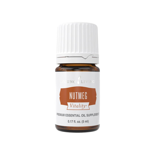 Young Living Nutmeg Vitality bottle pour highlights warm, spicy flavor ideal for soups.