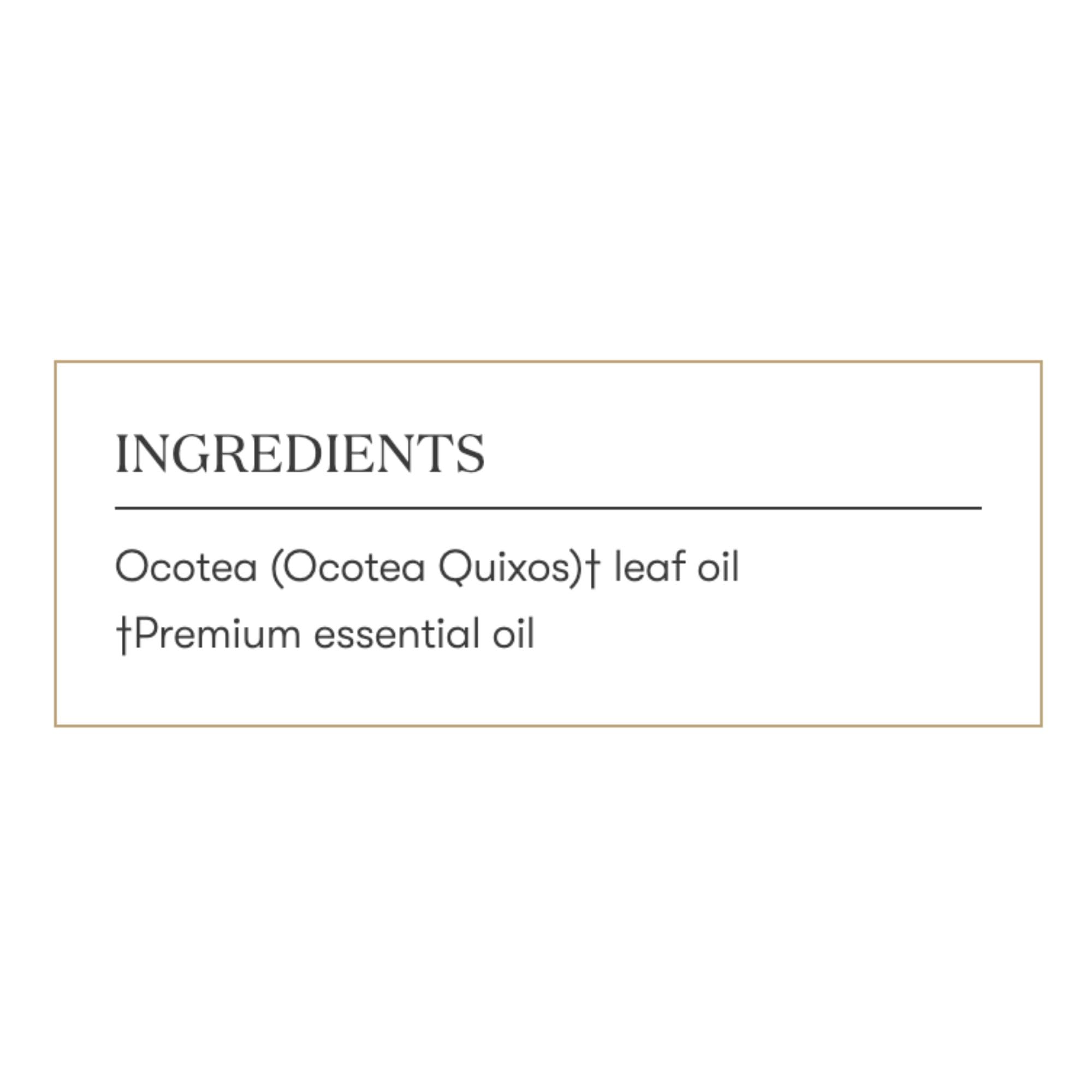 Young Living Ocotea essential oil label close-up highlighting quality and purity.