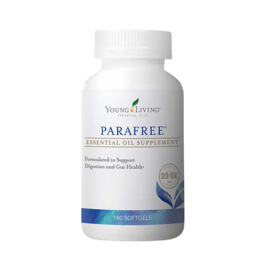 Young Living ParaFree softgels bottle closeup promoting natural digestive support.