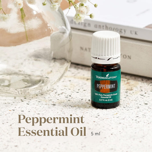 Close-up of Young Living Peppermint Essential Oil bottle label