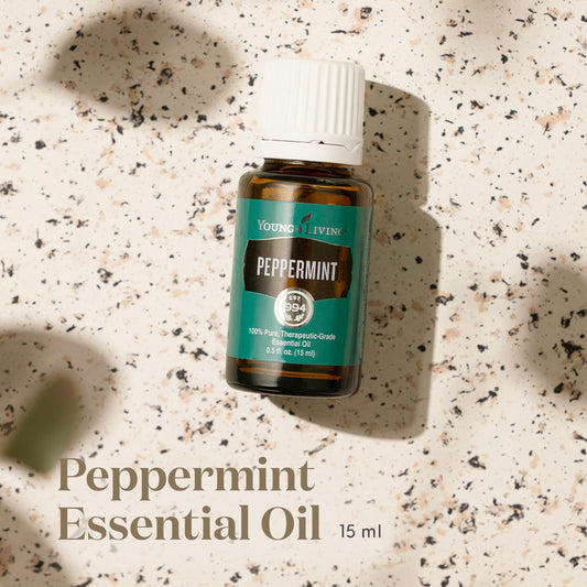 Close-up of Peppermint Essential Oil bottle showing purity